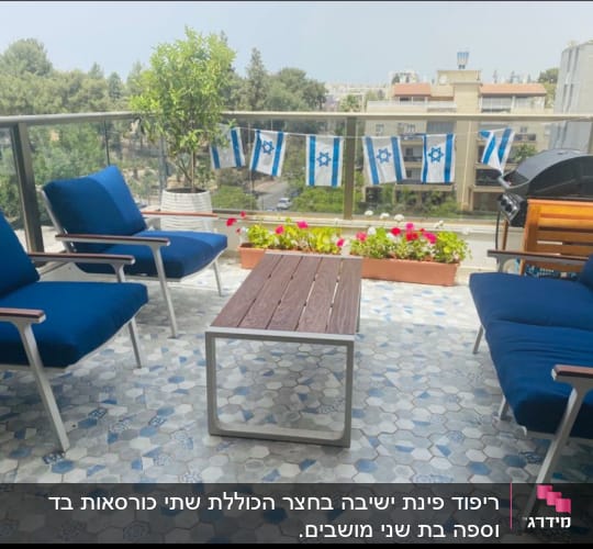 כריות כחולות על כיסאות במרפסת עם דגלים
